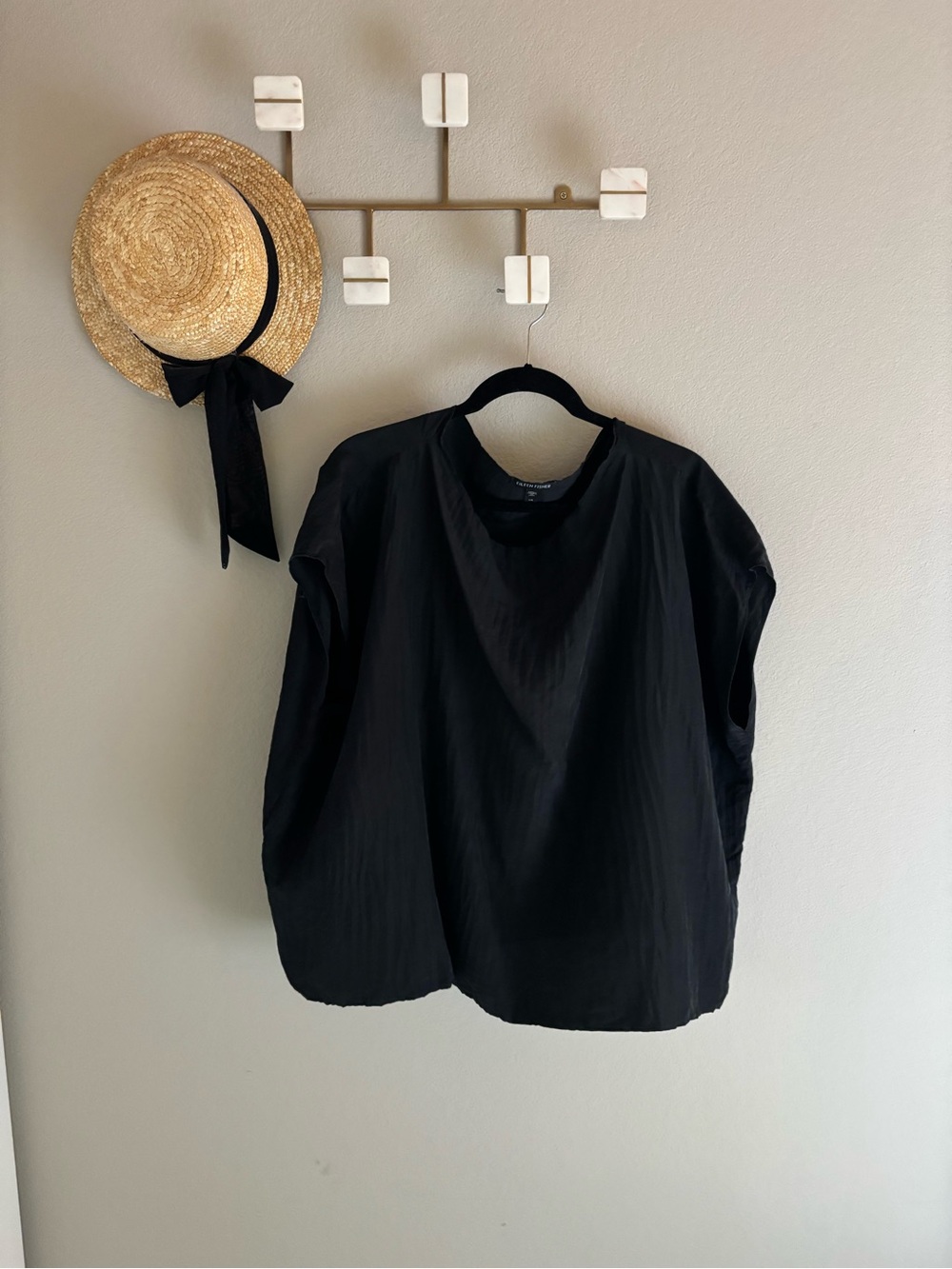 Eileen Fisher Silk Pleated Black Top Large